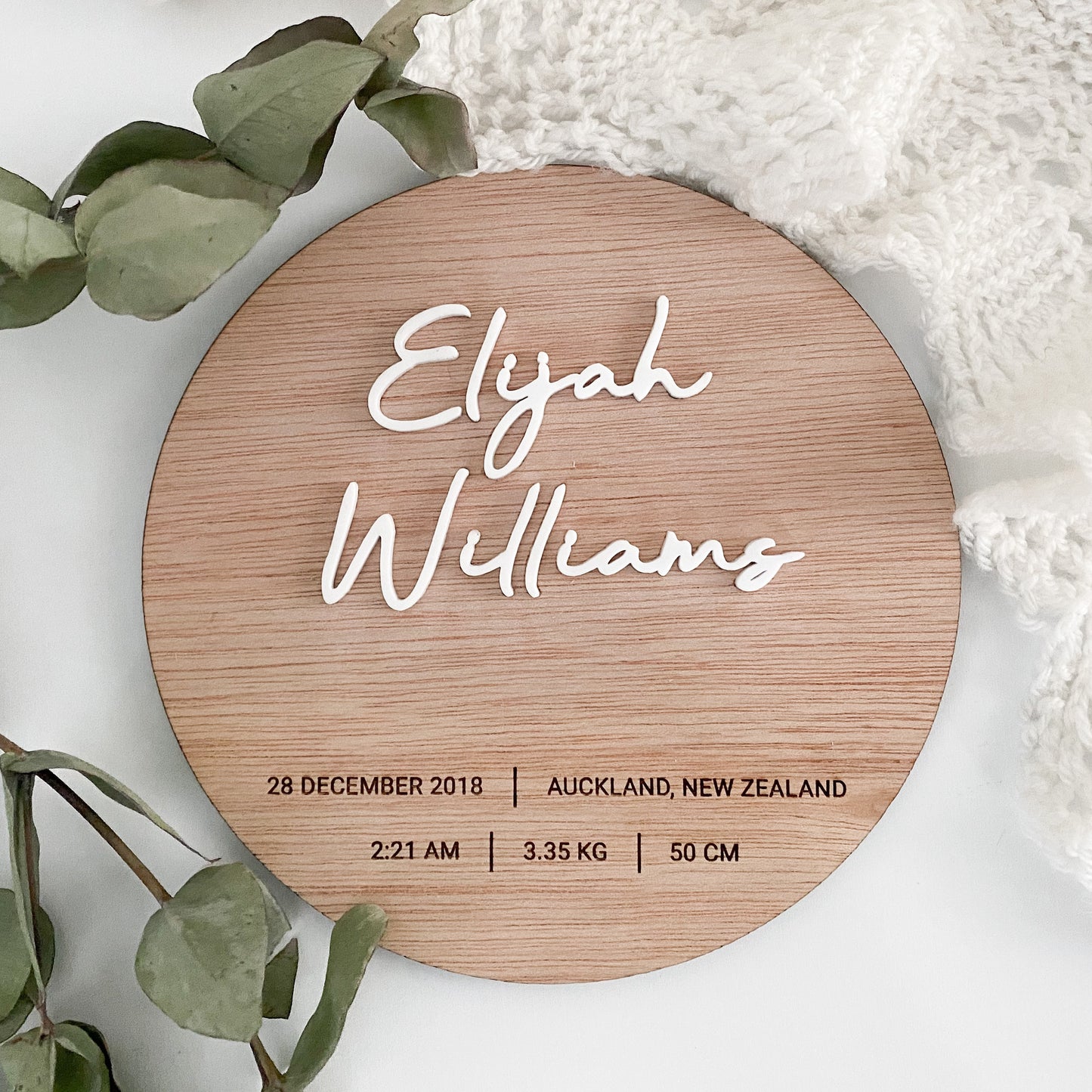 Wooden Birth Announcement Disc with Details - Script