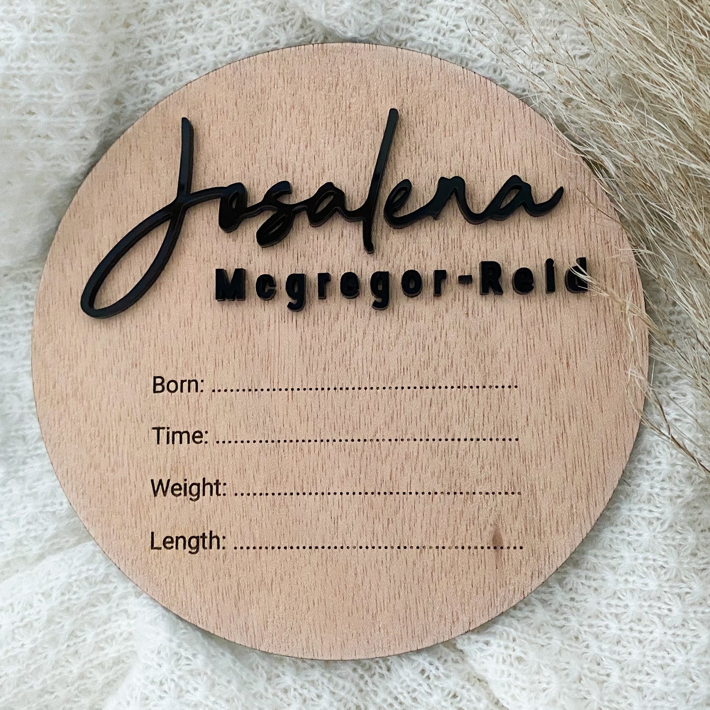 Wooden Birth Announcement Disc with Details - Script