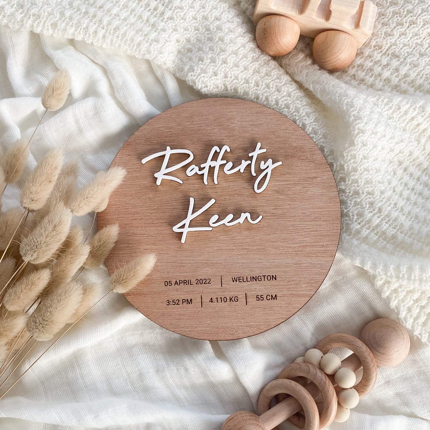 Wooden Birth Announcement Disc with Details - Script