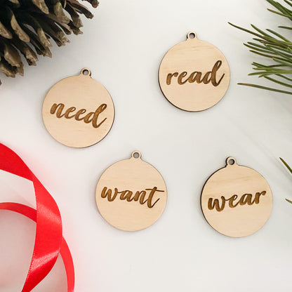 Want, Wear, Need, Read Round Tags